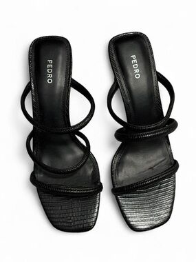PEDRO Black Triple-Strap Square-Toe Slide Sandals